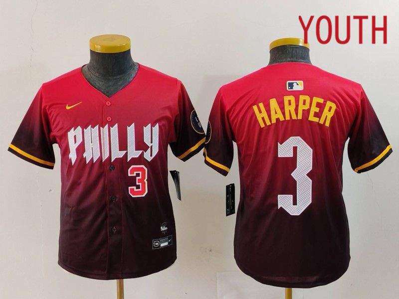 Youth Philadelphia Phillies #3 Harper Red City Edition 2024 Nike MLB Jersey style 3->youth mlb jersey->Youth Jersey